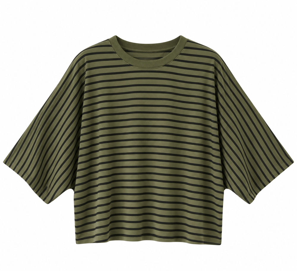 Çizgili Haki Üç Çeyrek Kol Pamuklu Triko Tshirt