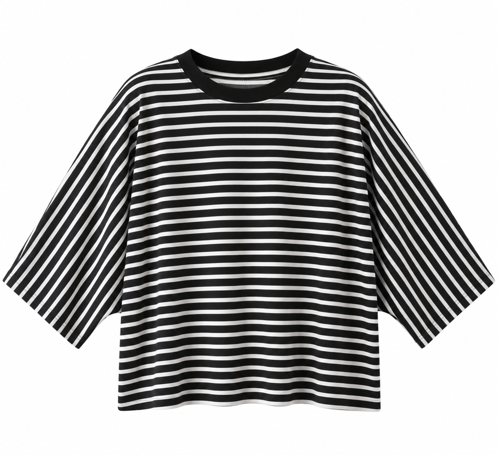 Çizgili Kahve Üç Çeyrek Kol Pamuklu Triko Tshirt