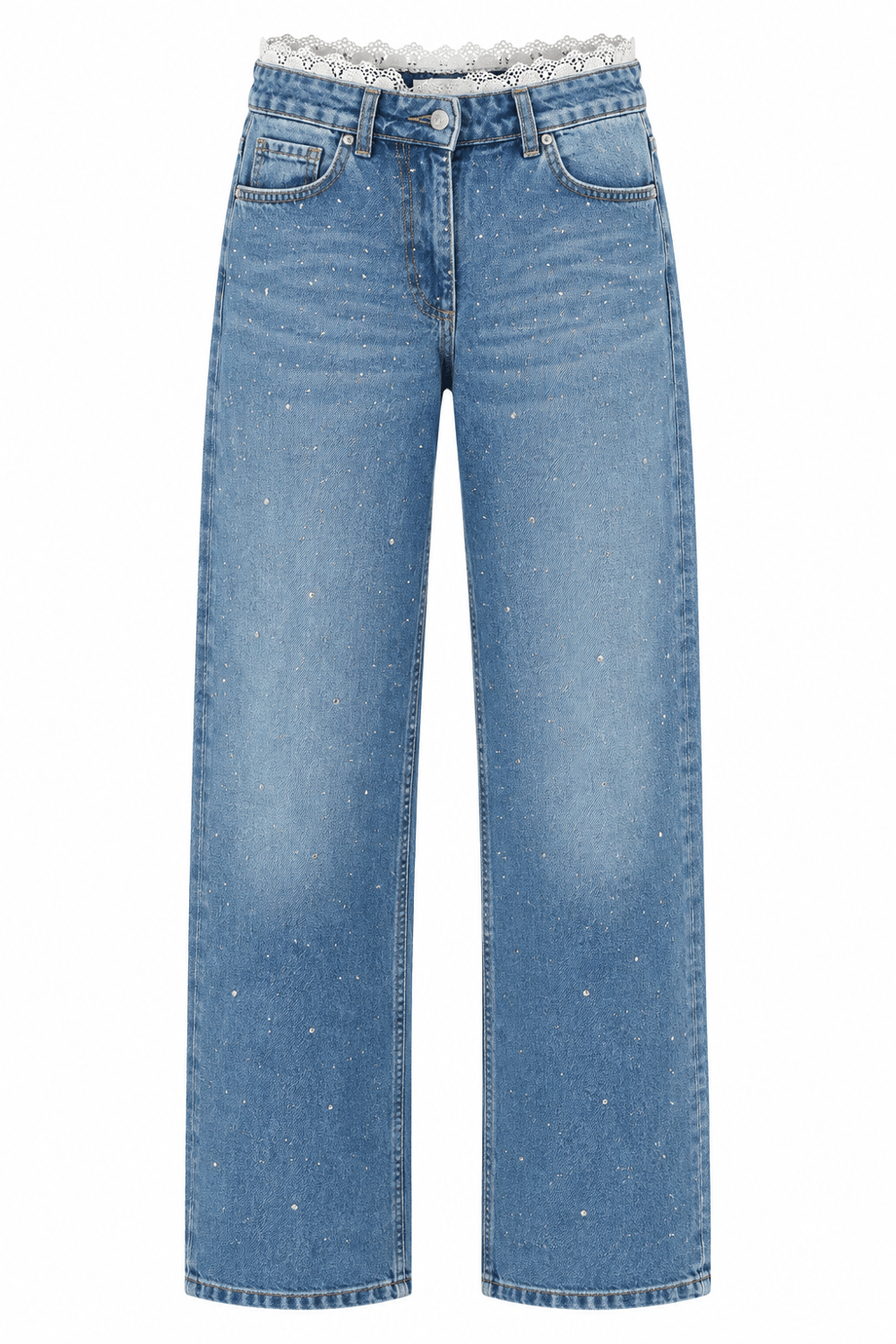 Dantel Ve Taş Detaylı Wide Leg Nefis Jean