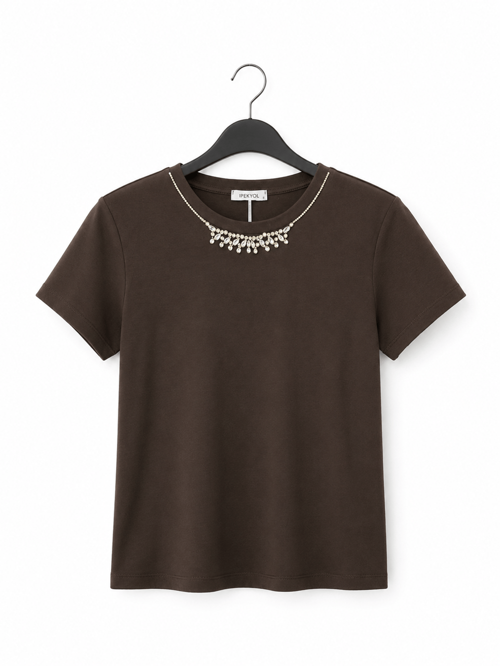 Kahve İpkyl Taşlı Tshirt