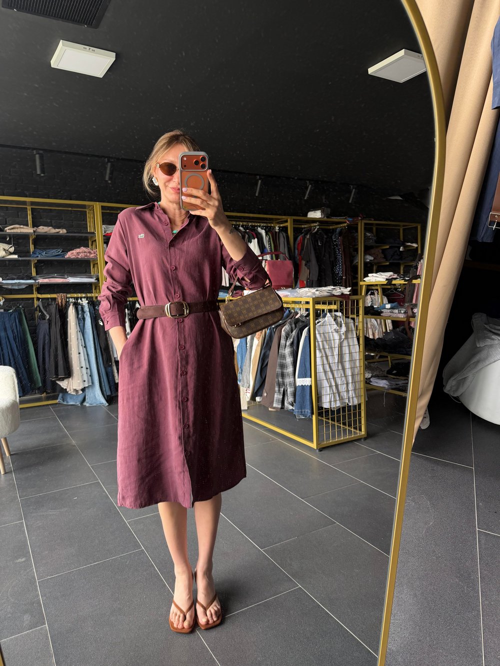 Kemerli Sofia Gül Kurusu Gömlek Elbise Tensel