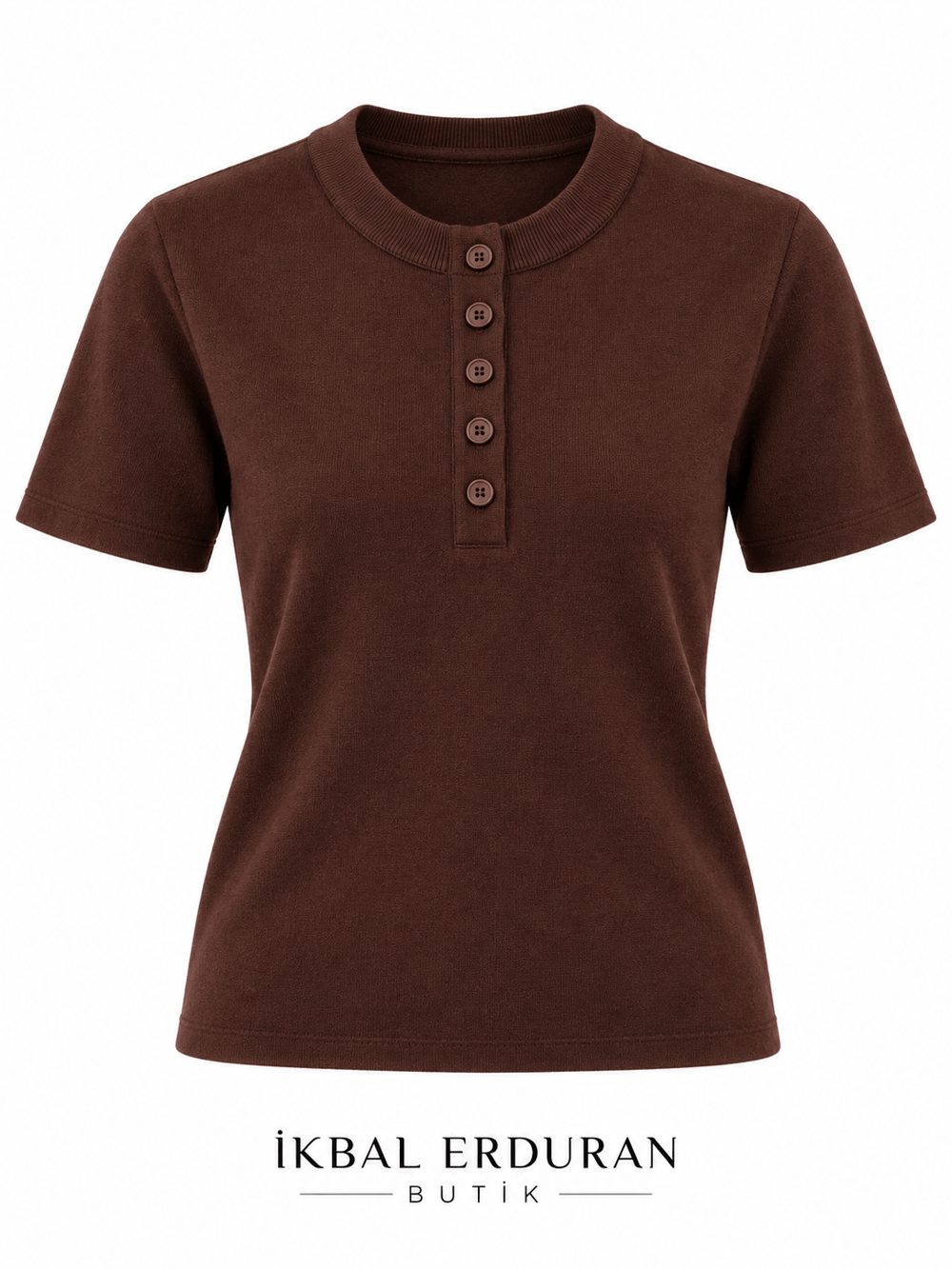Kos Yarım Düğmeli Acı Kahve Triko Tshirt