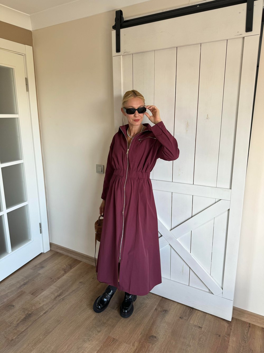 Md Bordo Fermuarlı Poplin Elbise
