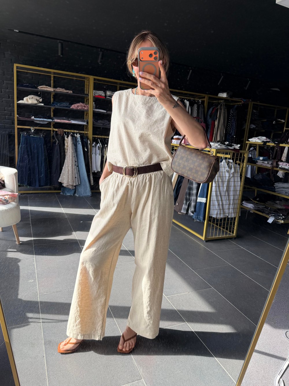 Premium Keten Ekru Bluz Pantolon Takım