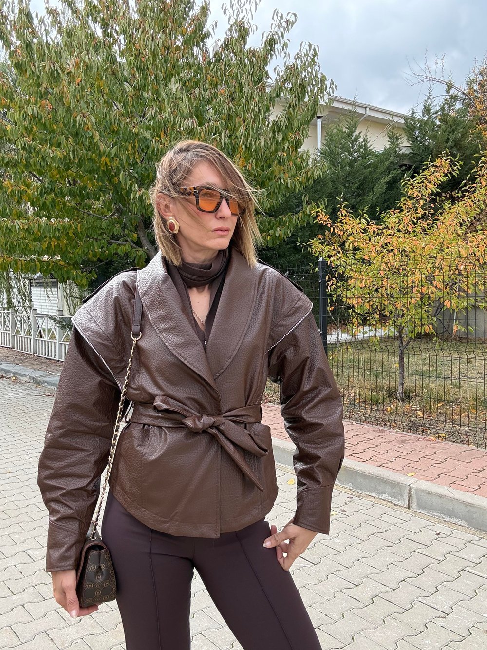 Premium Marka Model Taba Kuşaklı Deri Ceket