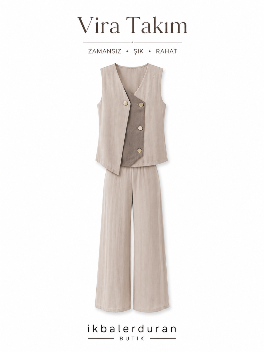 Premium Orijinal Model , Tasarım Düğme Detaylı , Bej & Vizon , Tencel Takım