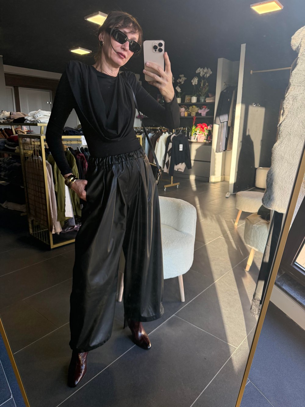Siyah Deri Palazzo/Jogger Pileli Pantolon