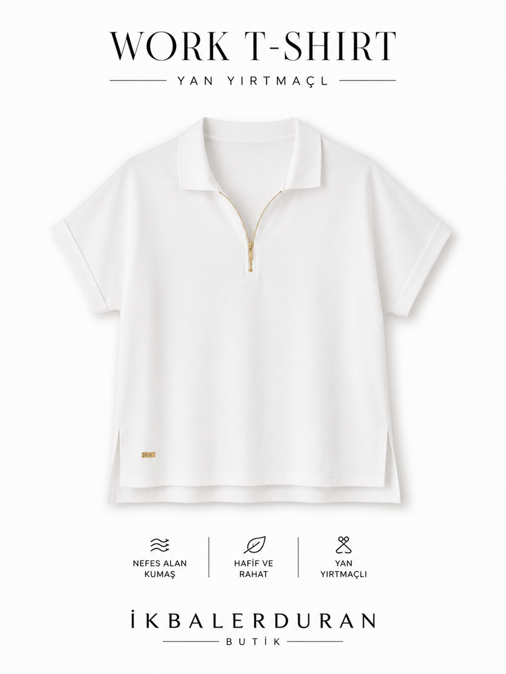 Work Beyaz Yarım Fermuarlı Tshirt
