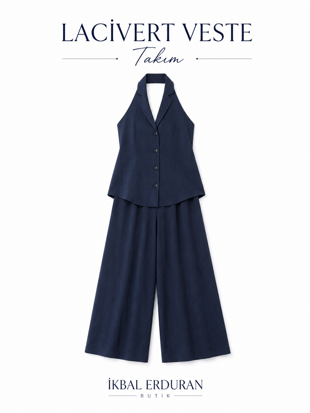 Yelekli Linen Lacivert Takım