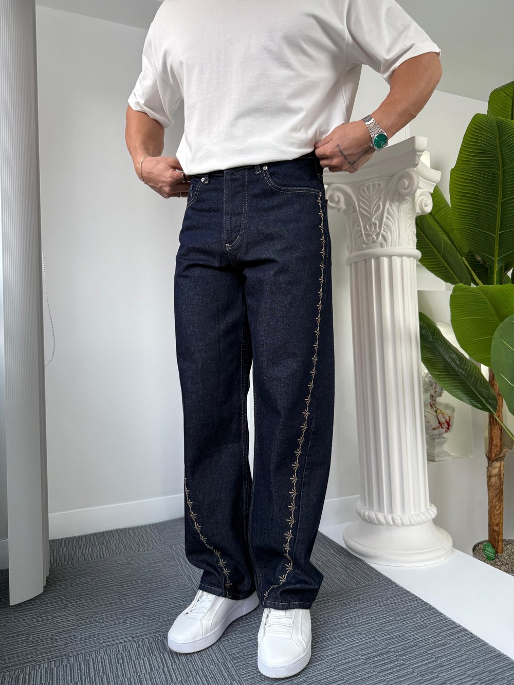 Angel Şeritli Regular Jean Koyu Mavi