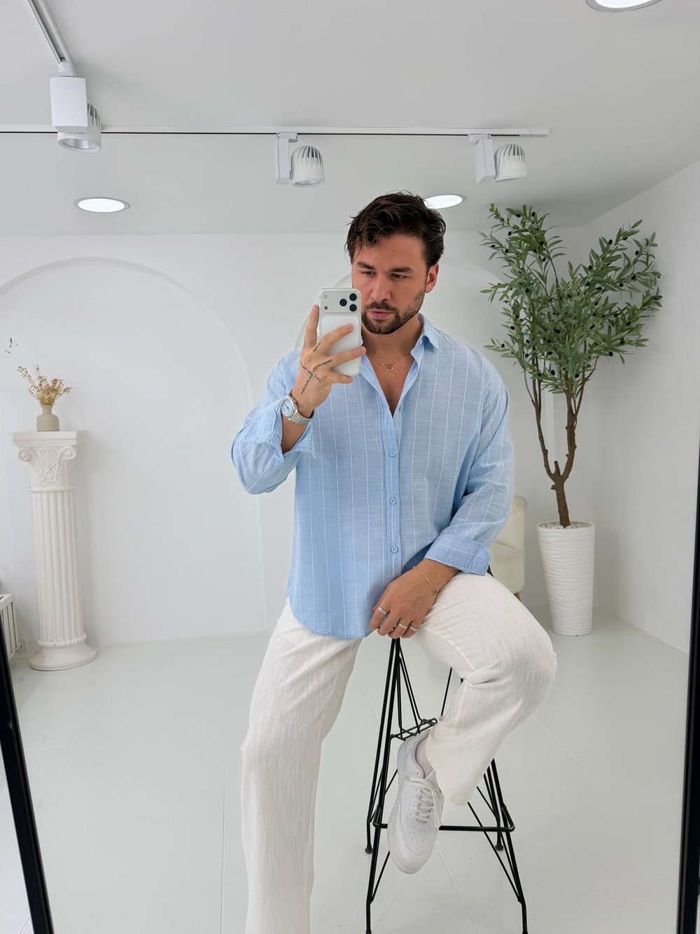 Bebe Mavi GG Geniş Çizgili Oversize Keten Gömlek