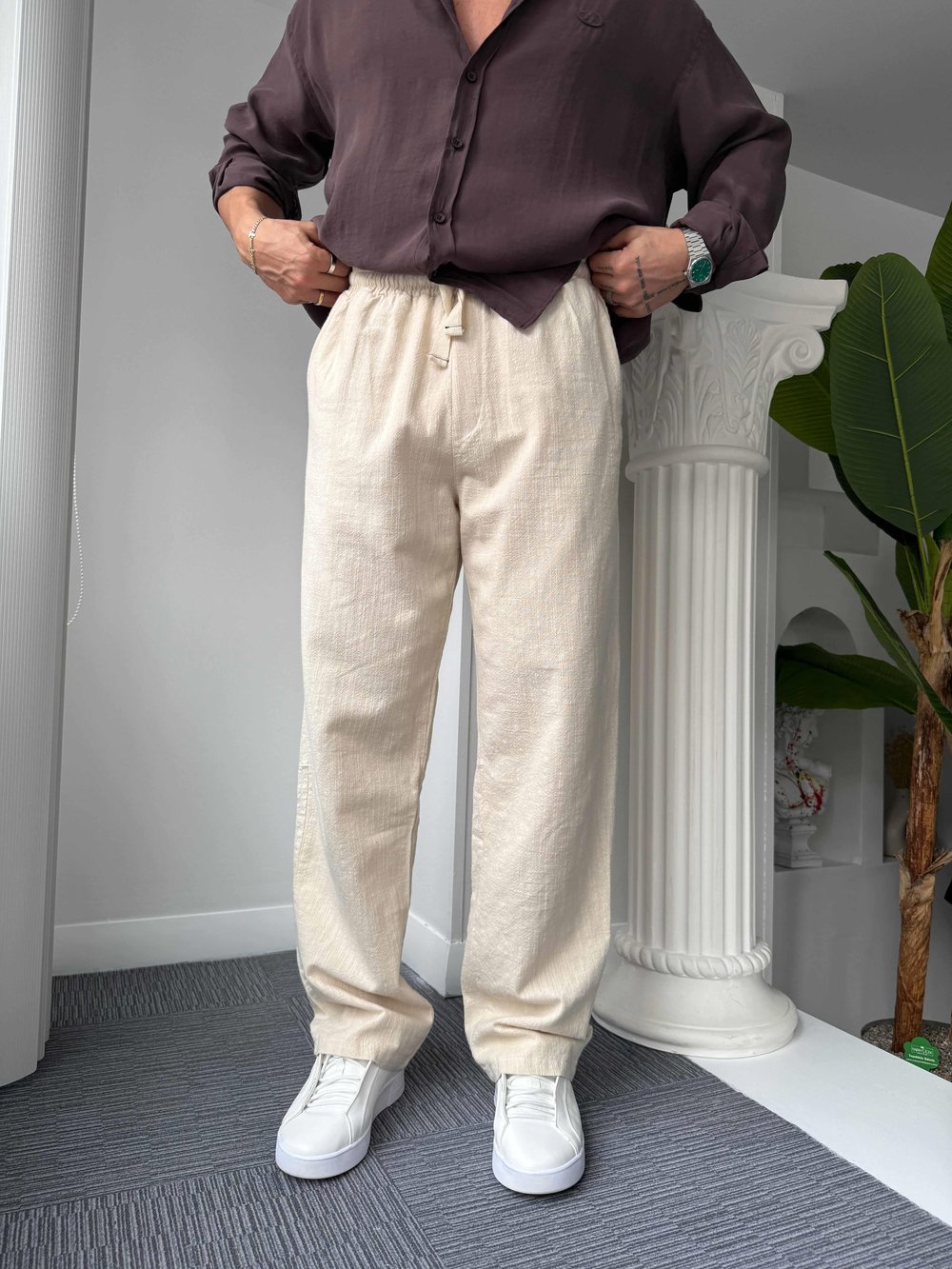 Bej GG Nakışlı Linen Keten Pantolon