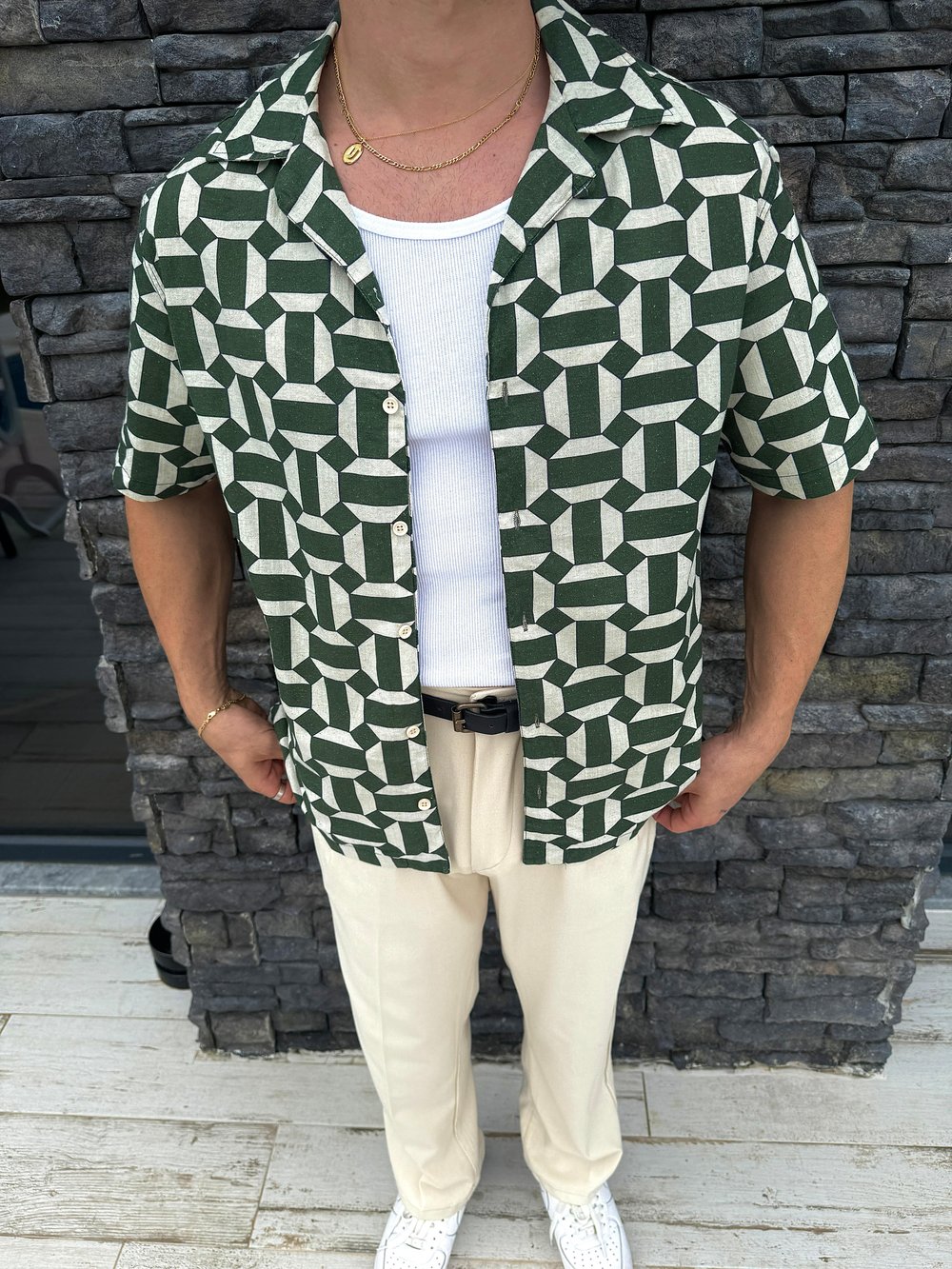 Bej Haki Kare Desen Oversize