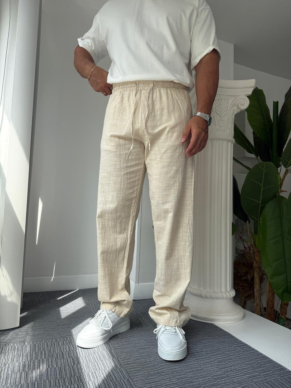 Bej RL Baggy Keten Pantolon
