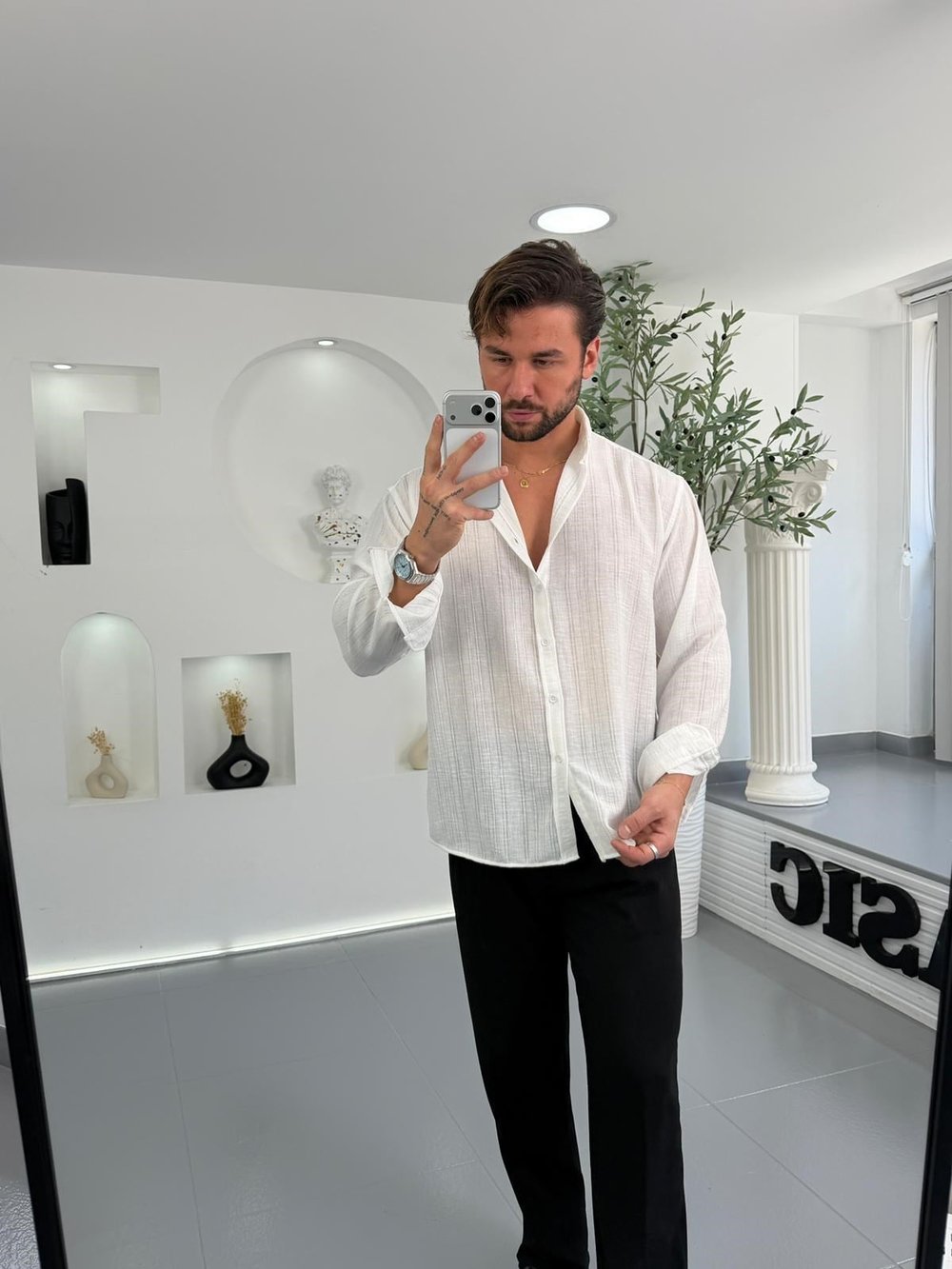 Beyaz GG Çizgili Gobiş Keten Oversize Keten Gömlek