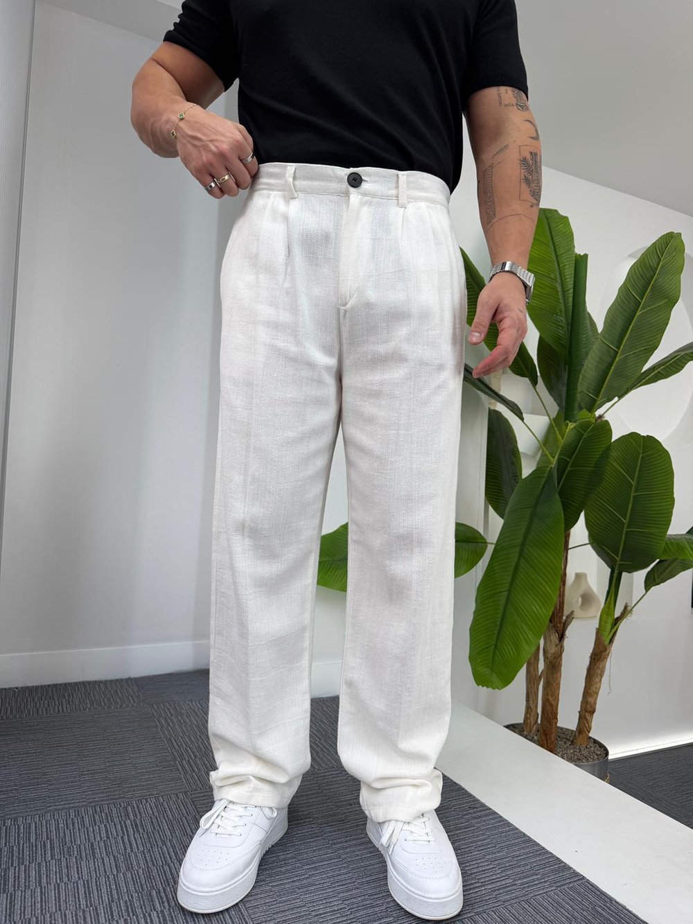 Beyaz GG Düğmeli Baggy Keten Pantolon