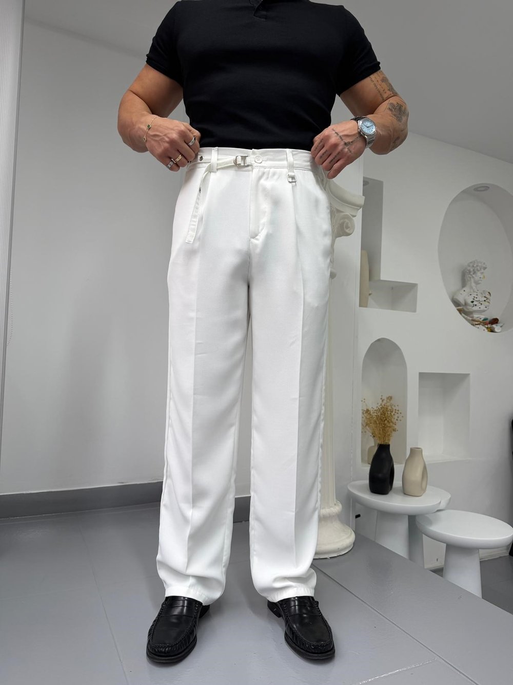 Beyaz GG Kemerli Linda Baggy Kumaş Pantolon