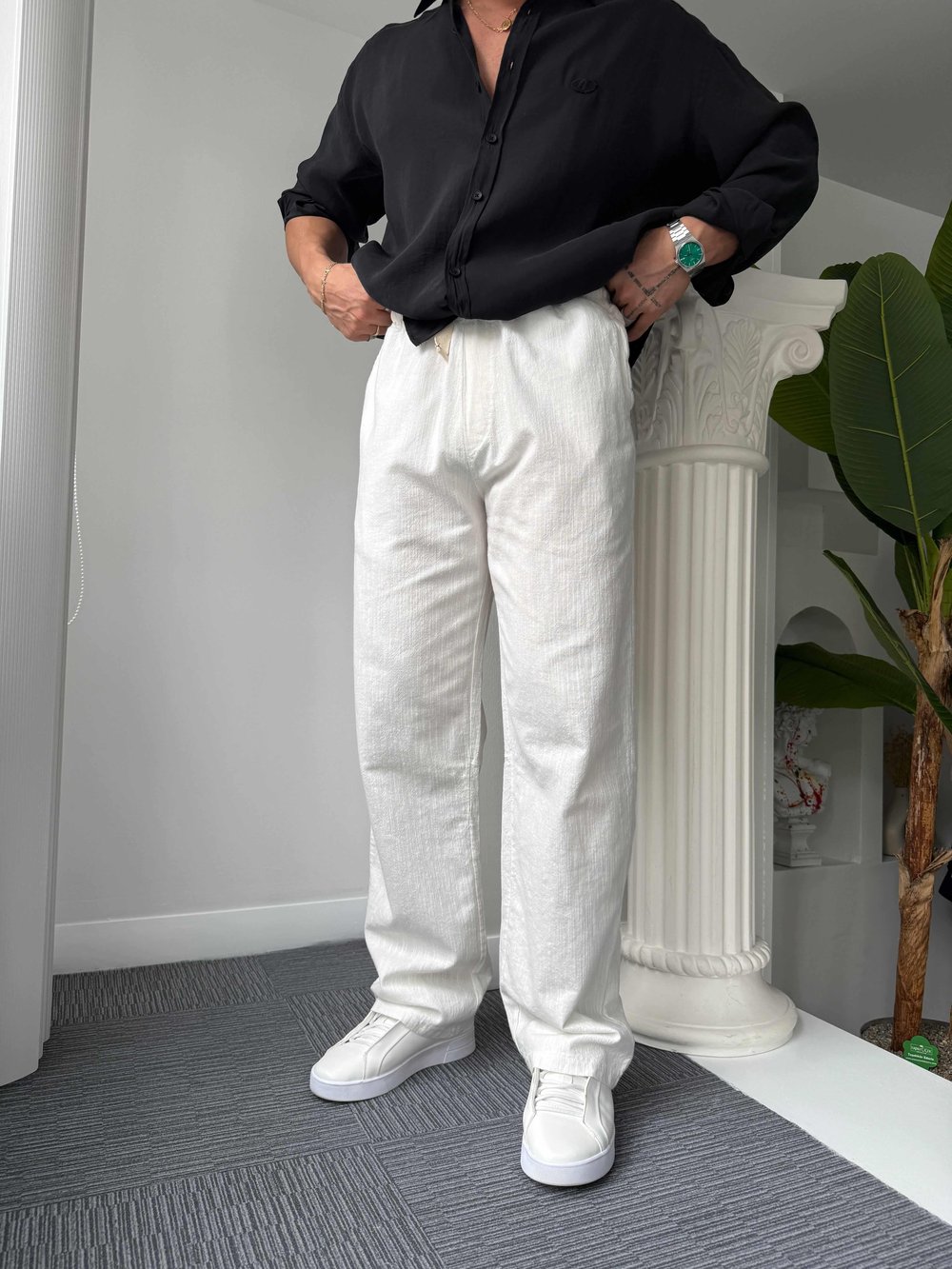 Beyaz GG Nakışlı Linen Keten Pantolon