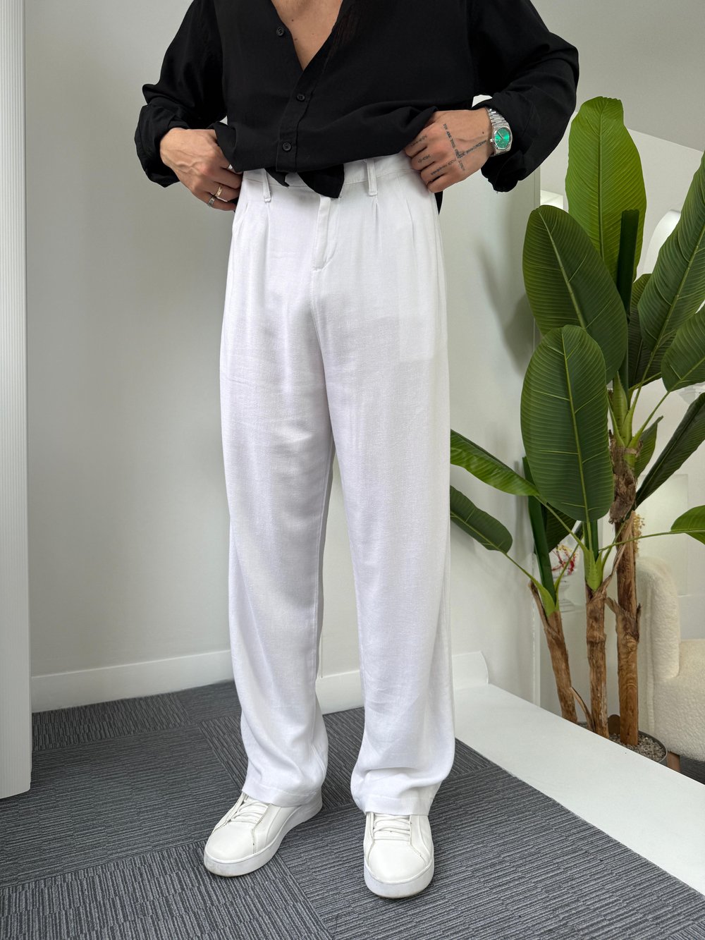 Beyaz GG Viscon Keten Baggy Pantolon
