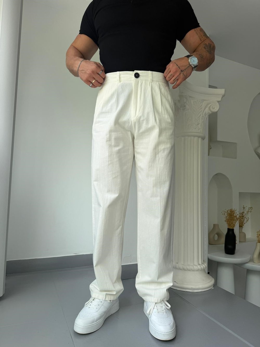 Ekru GG Cavello Düğmeli Pileli Baggy Keten Pantolon