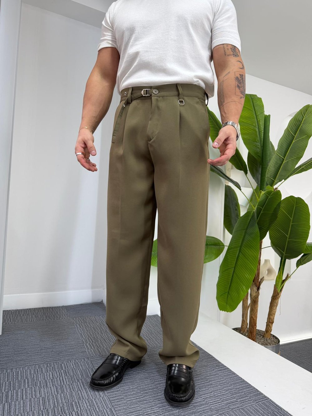 Haki GG Kemerli Linda Baggy Kumaş Pantolon