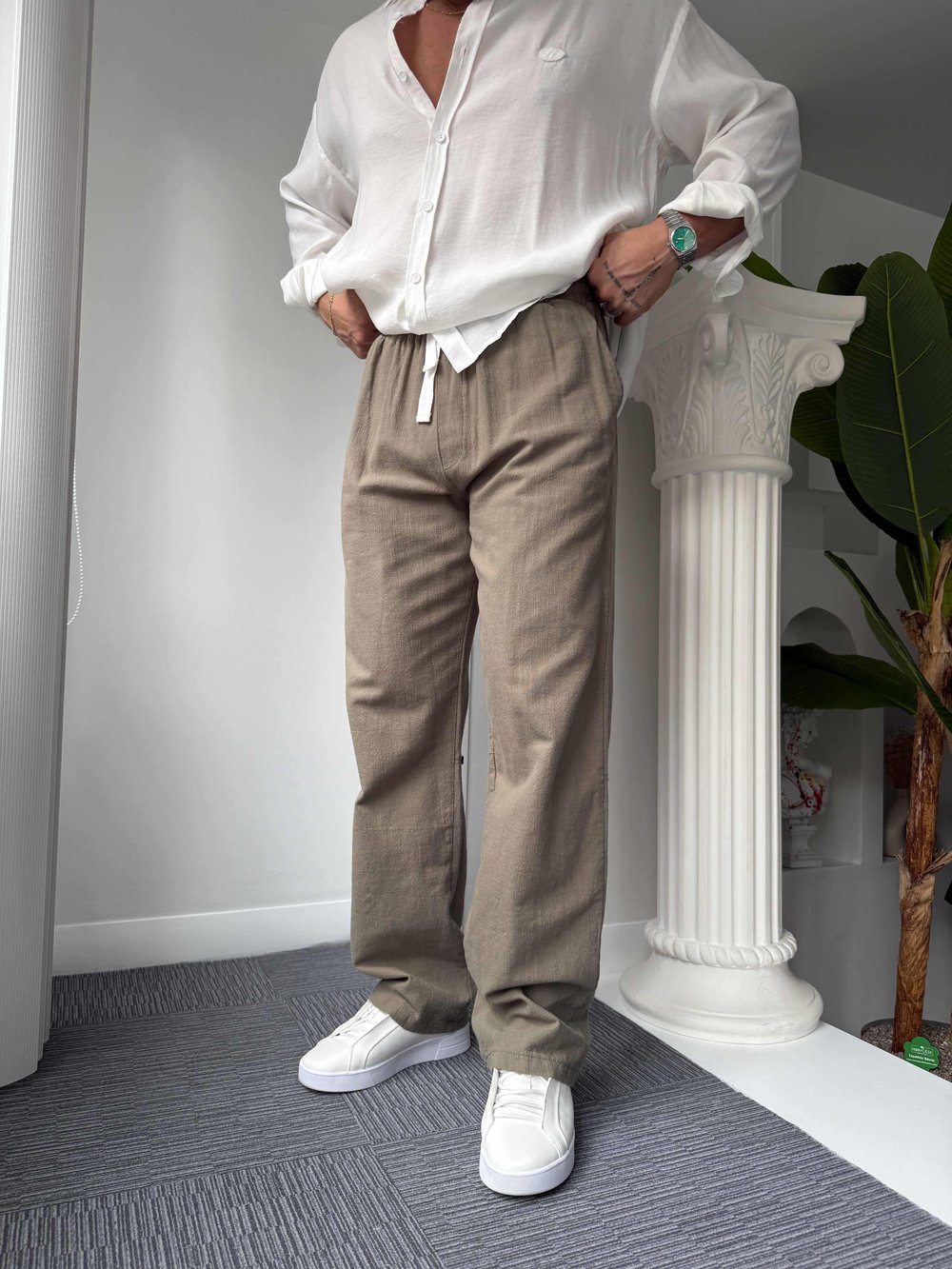 Haki GG Nakışlı Linen Keten Pantolon