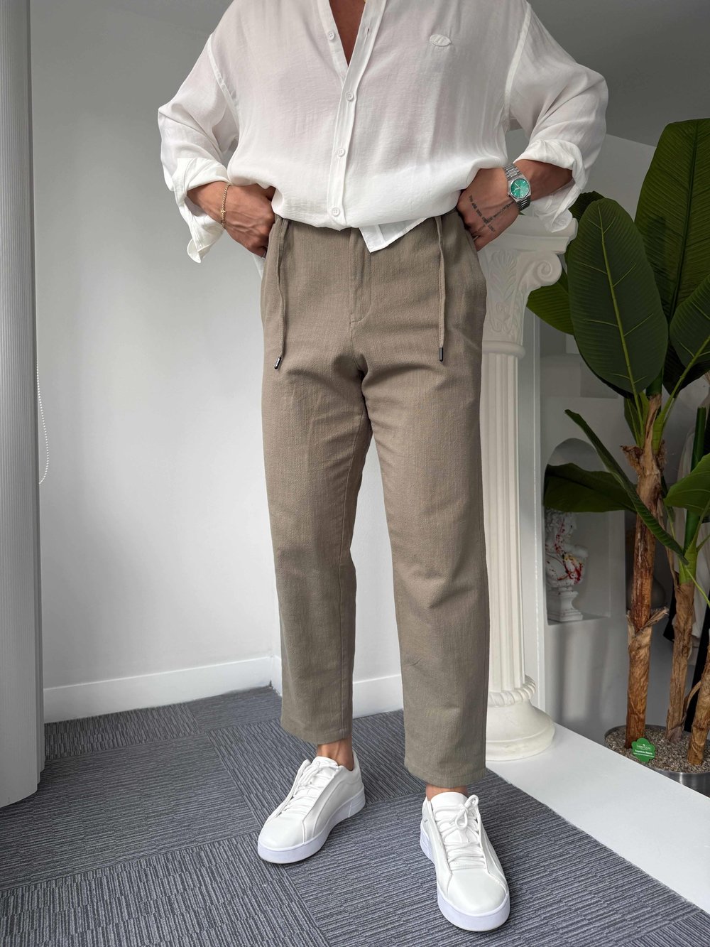 Haki Giesto BF Kalıp Linen Pantolon