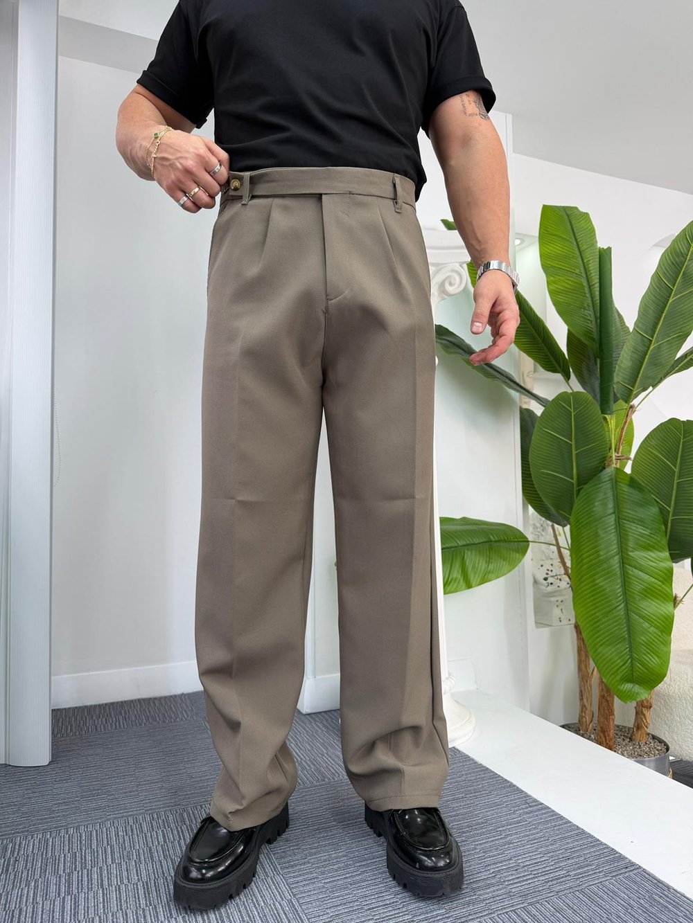 Haki Uzun Kemerli LK Baggy Kumaş Pantolon
