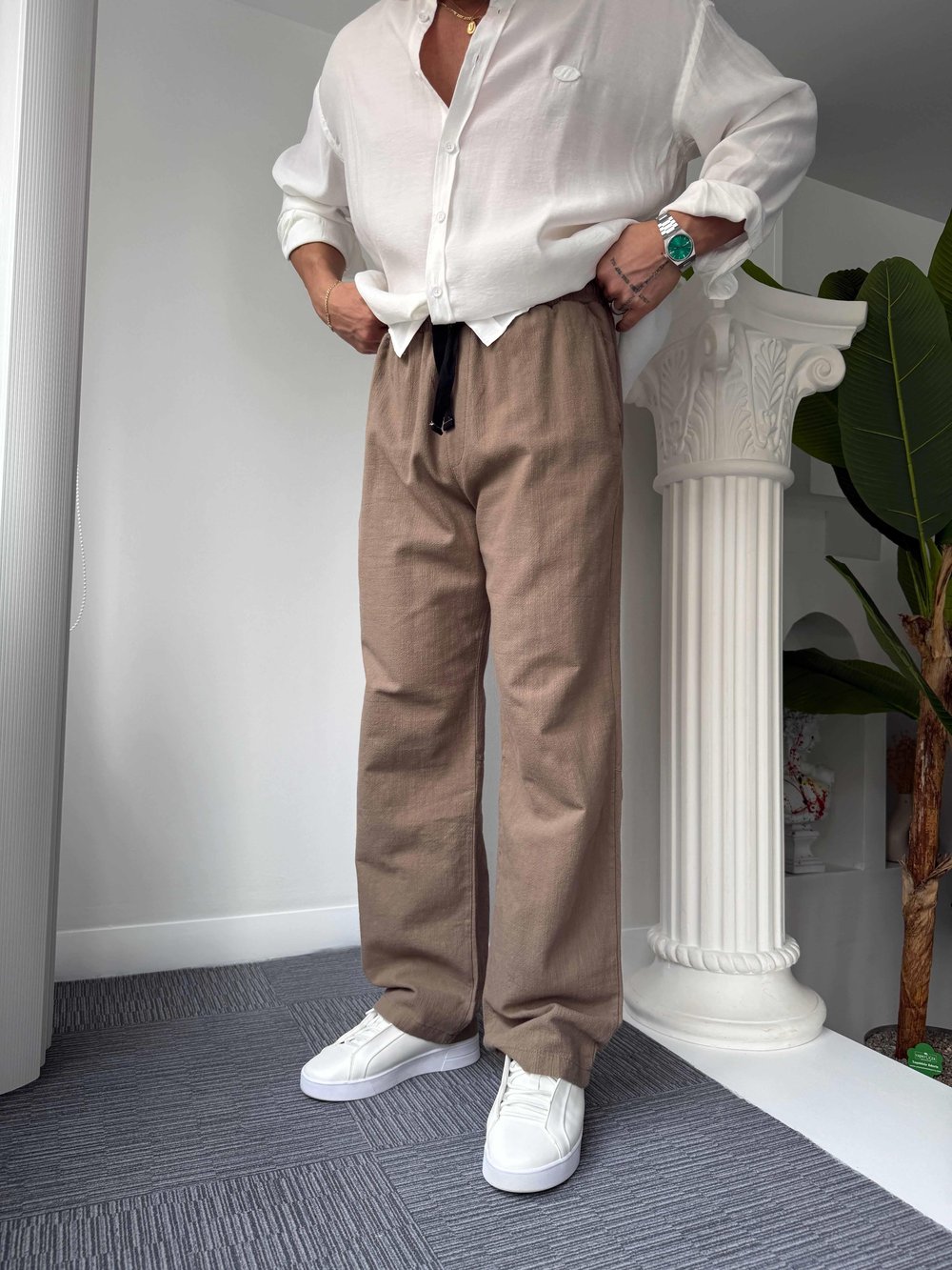 Kahve GG Nakışlı Linen Keten Pantolon