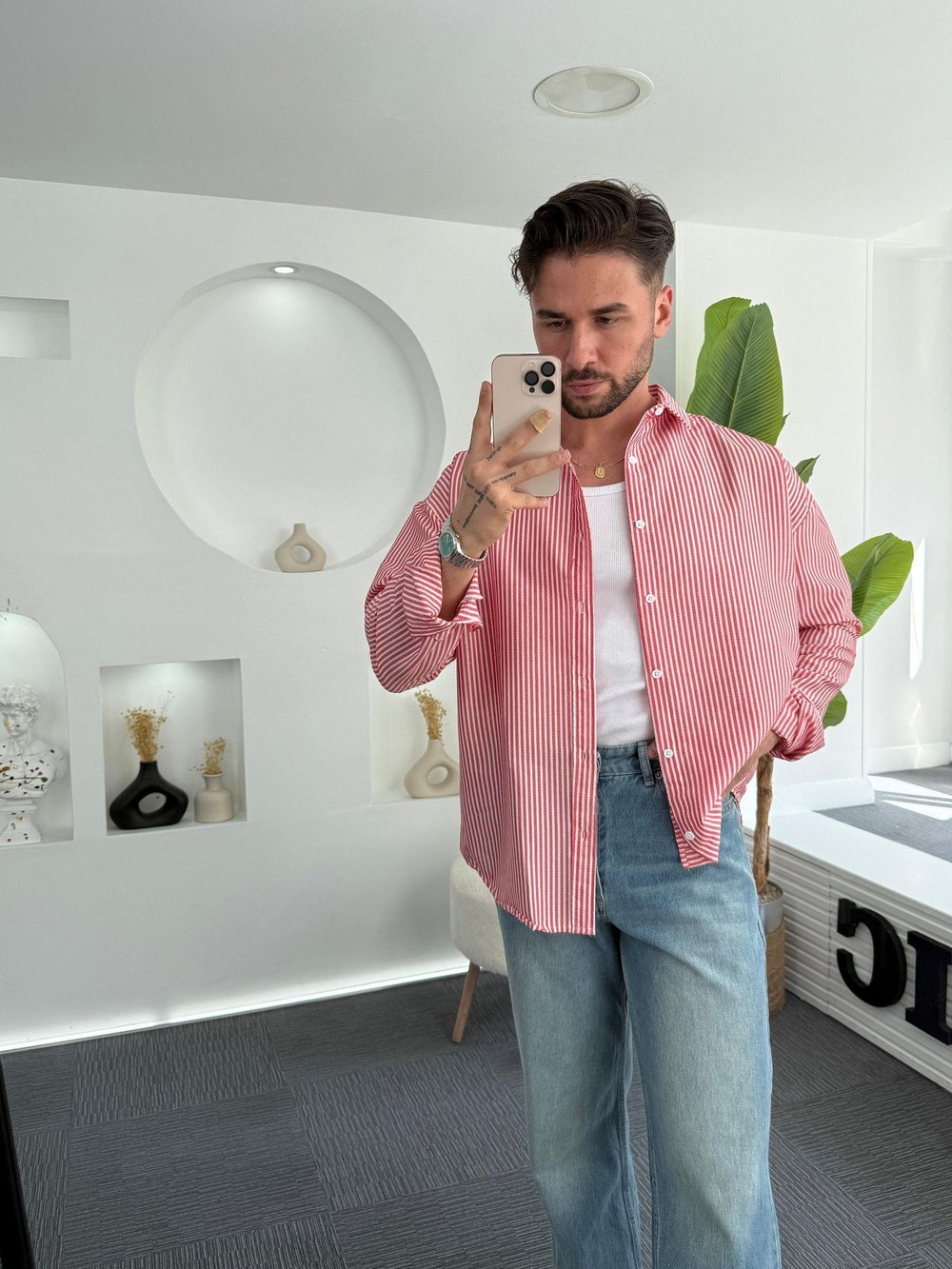 Kırmızı RL Gofre Kumaş Oversize Gömlek