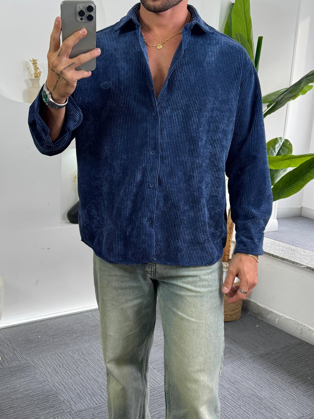 Lacivert Oversize GG Kadife Gömlek