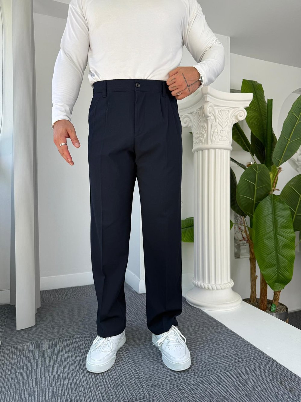 Lacivert Pileli Baggy Kumaş Pantolon 