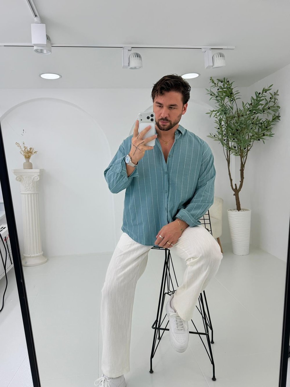 Mint GG Geniş Çizgili Oversize Keten Gömlek