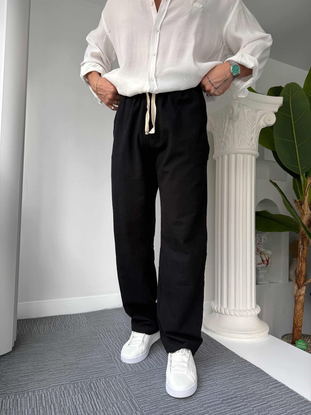 Siyah GG Nakışlı Linen Keten Pantolon