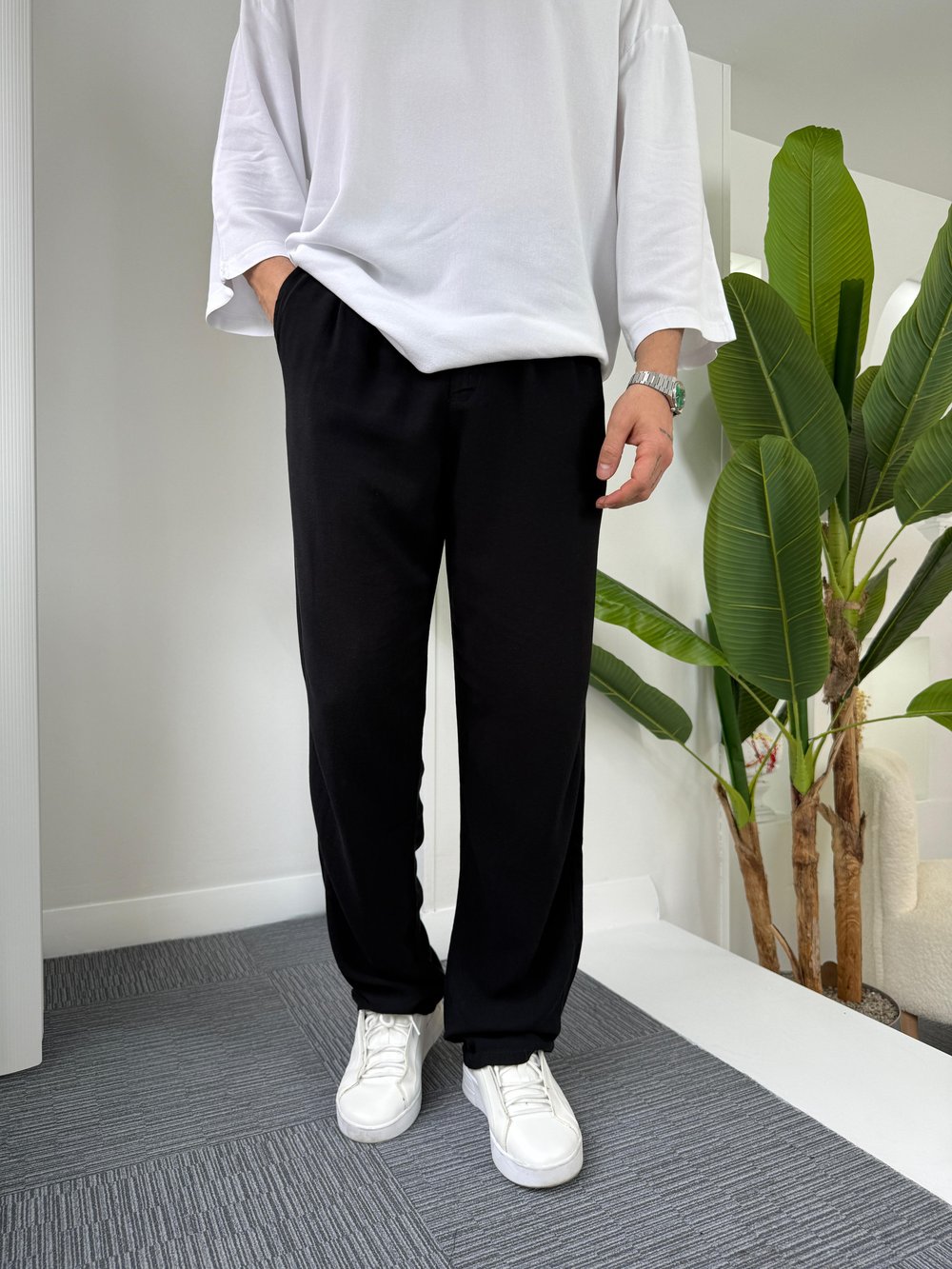 Siyah GG Viscon Keten Baggy Pantolon