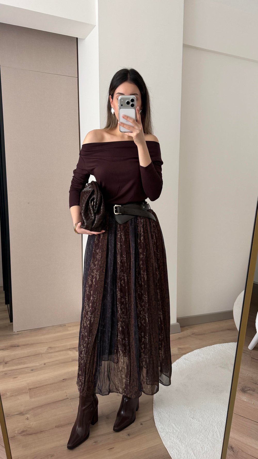 KEMERLİ KAHVE LACİ DESENLİ ŞİFON ETEK