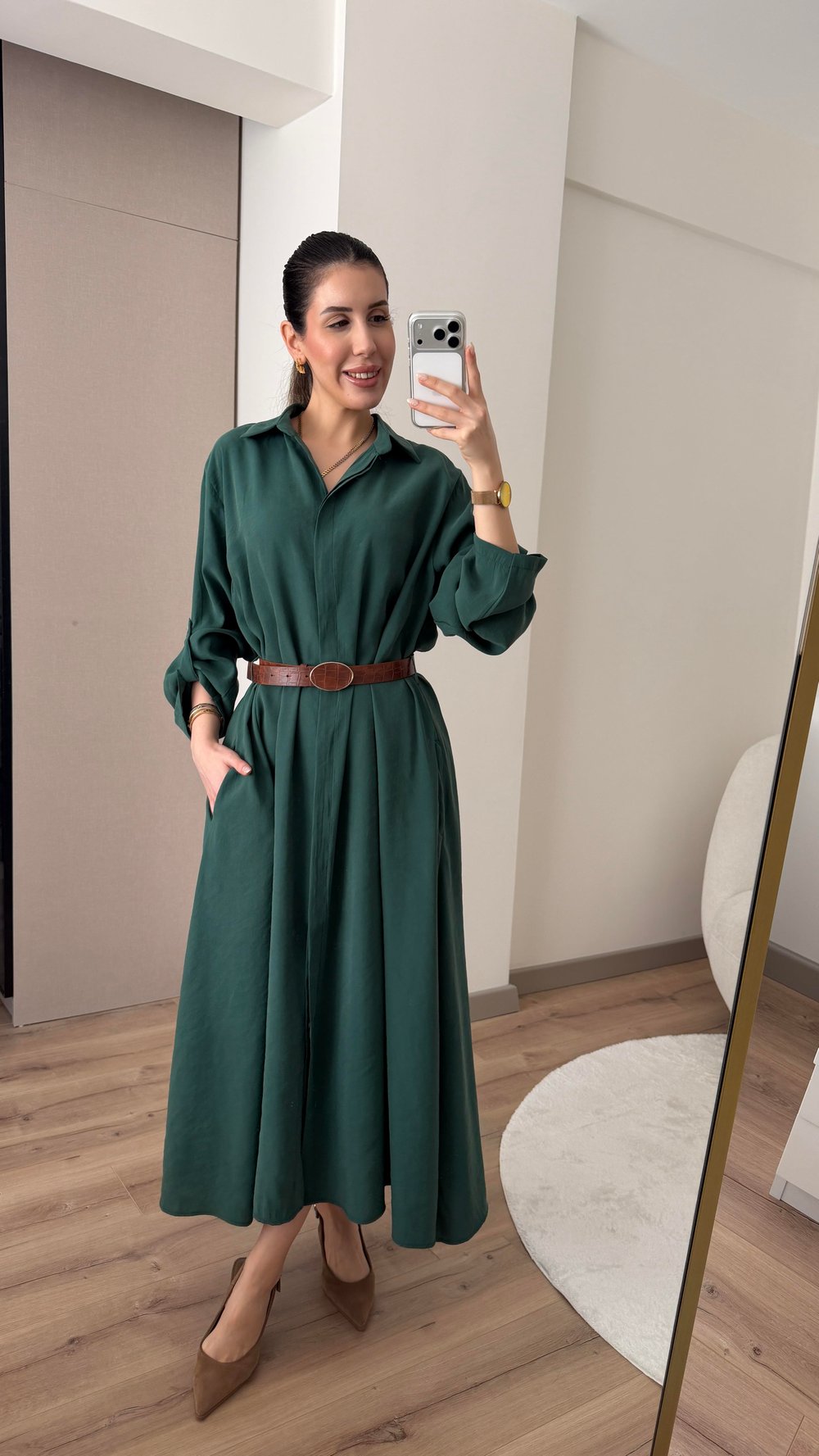 KEMERLİ ZÜMRÜT MODAL GÖMLEK ELBİSE