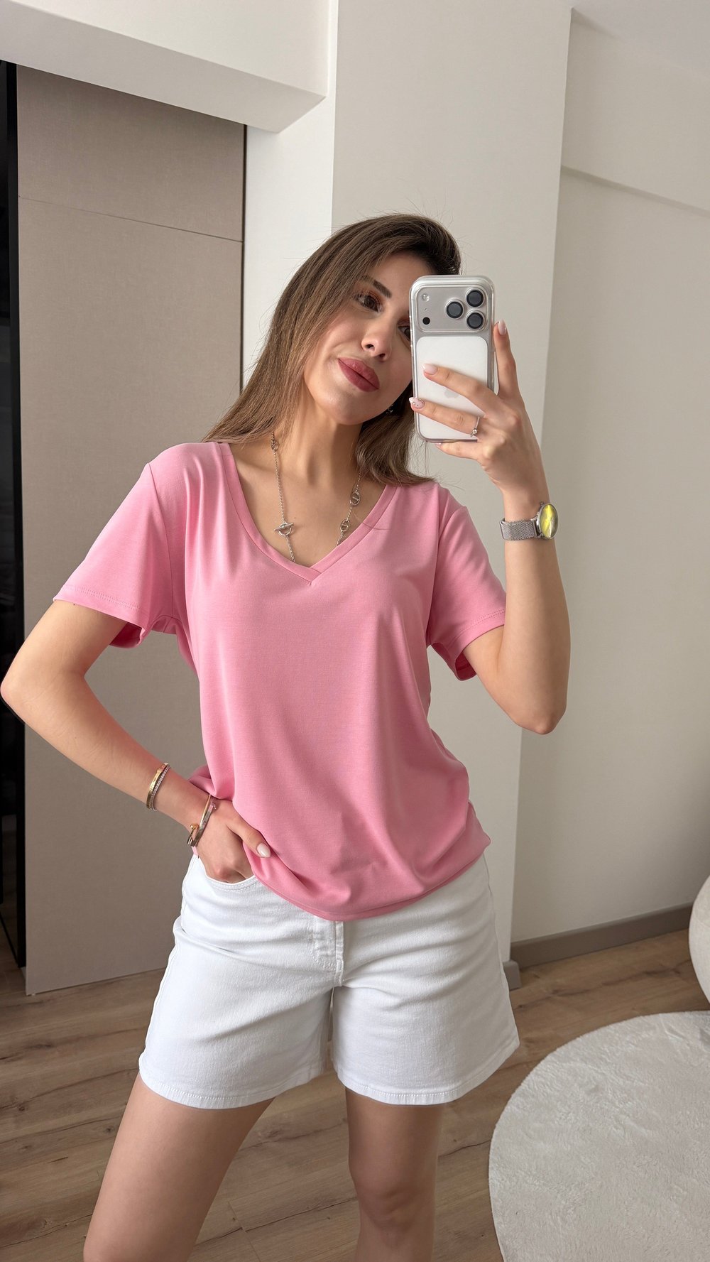 MODAL KUMAŞ V YAKA PEMBE TİŞÖRT