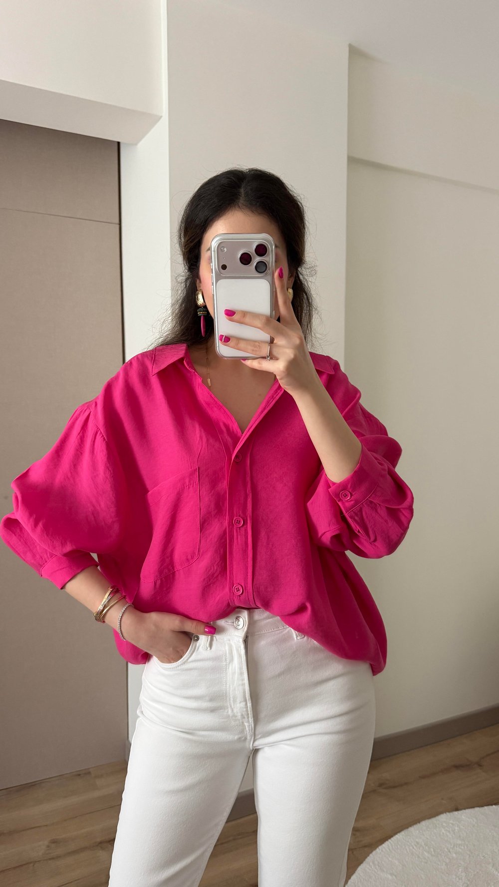 TENSEL KUMAŞ OVERSİZE KOYU PEMBE GÖMLEK