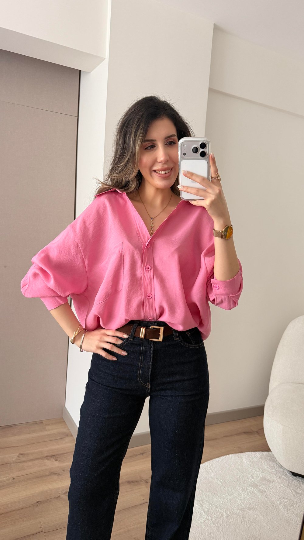 TENSEL KUMAŞ OVERSİZE PEMBE GÖMLEK