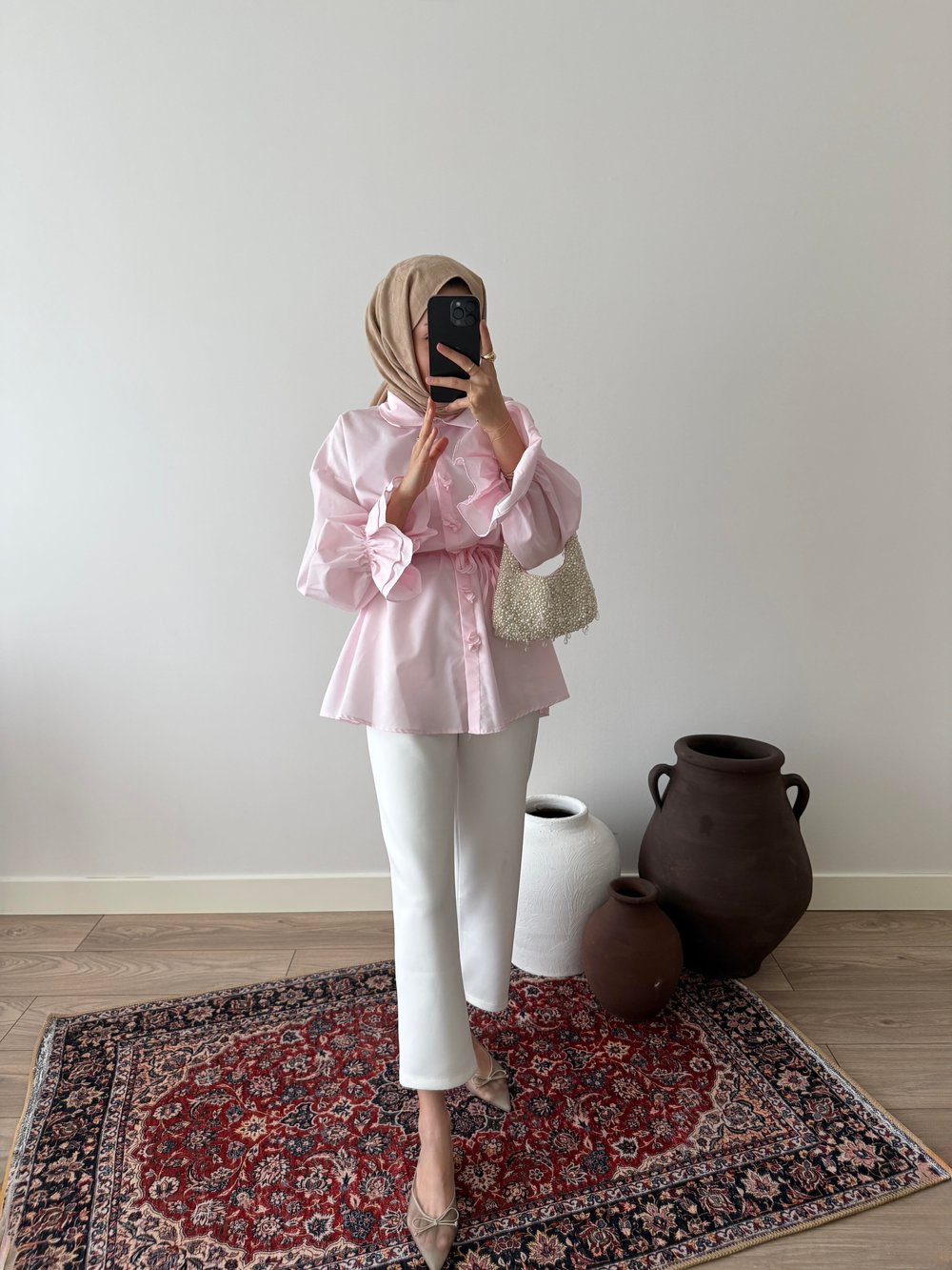 Çicek Düğmeli Poplin Gömlek - Pudra