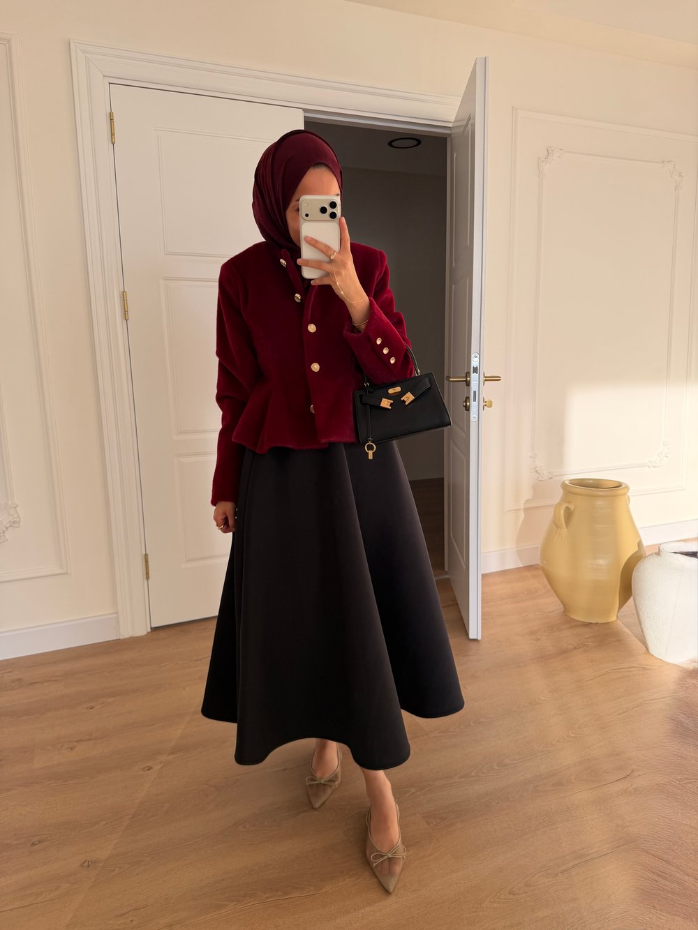 Gold Düğmeli Angora Kaban - Bordo