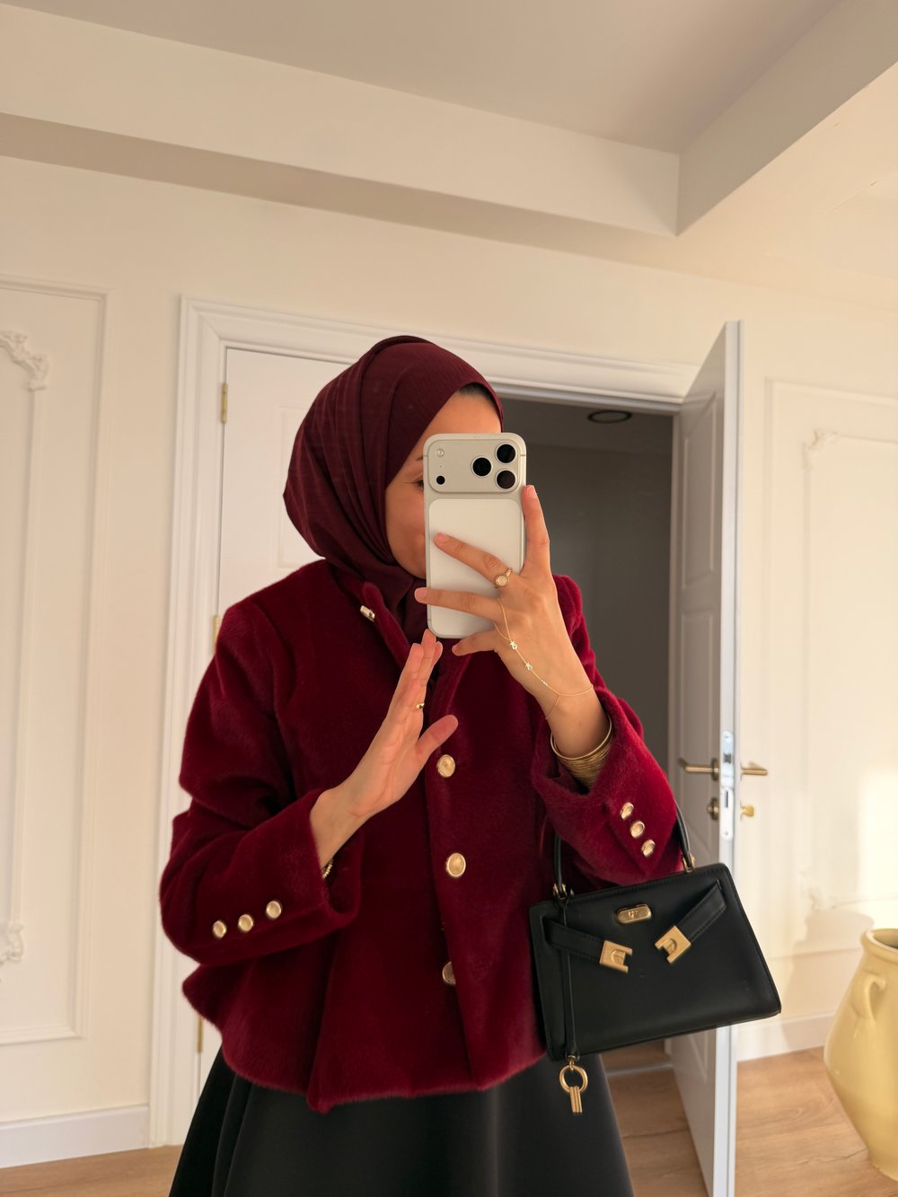 Gold Düğmeli Angora Kaban - Bordo