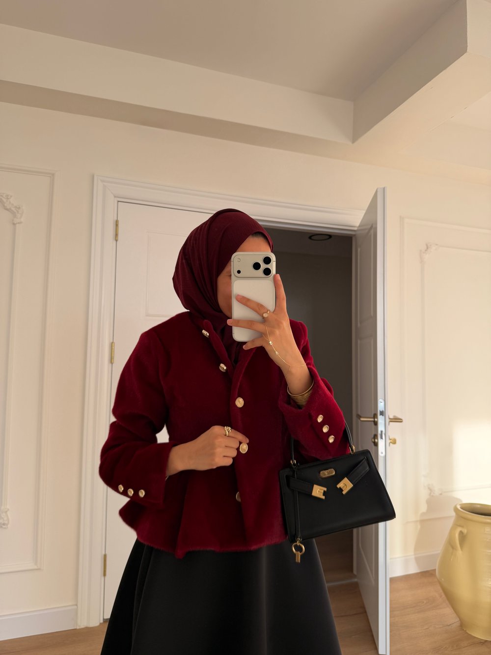 Gold Düğmeli Angora Kaban - Bordo