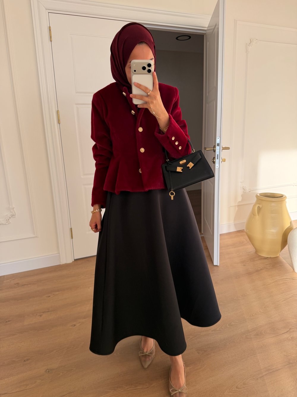 Gold Düğmeli Angora Kaban - Bordo