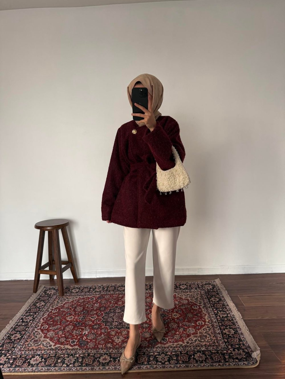 Gold Düğmeli Kaşe Kaban - Bordo
