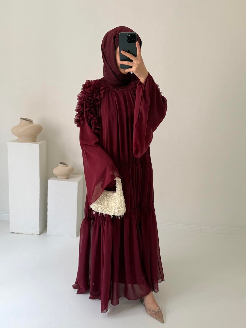 Güpürlü Şifon Elbise - Bordo