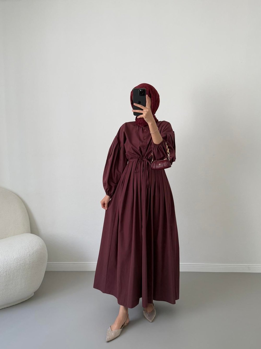 Pamuklu Düğmeli Elbise - Bordo