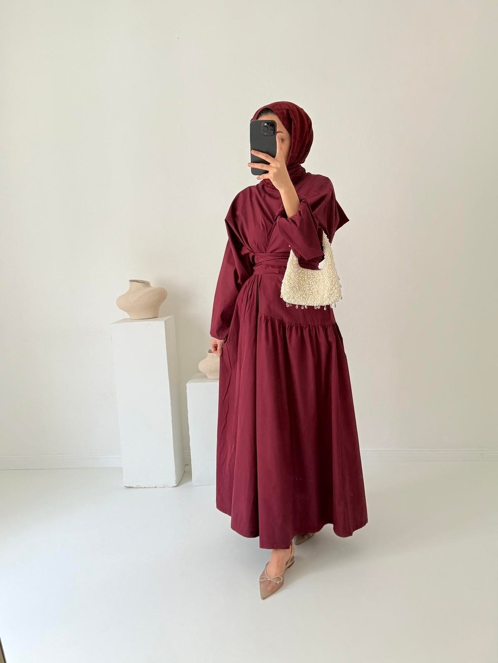 Pamuklu Poplin Elbise - Bordo 