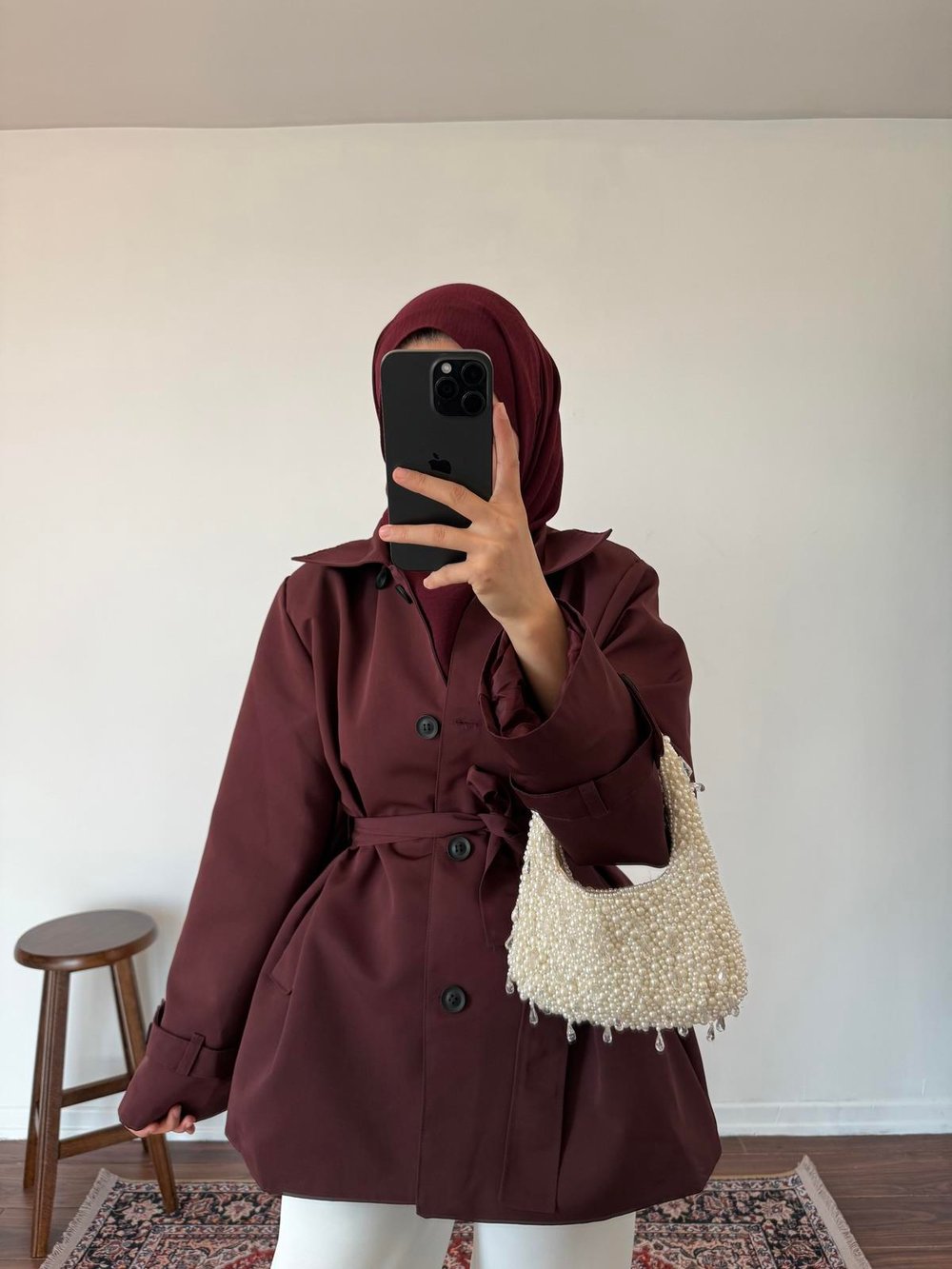 Pelerinli Premium Trençkot - Bordo